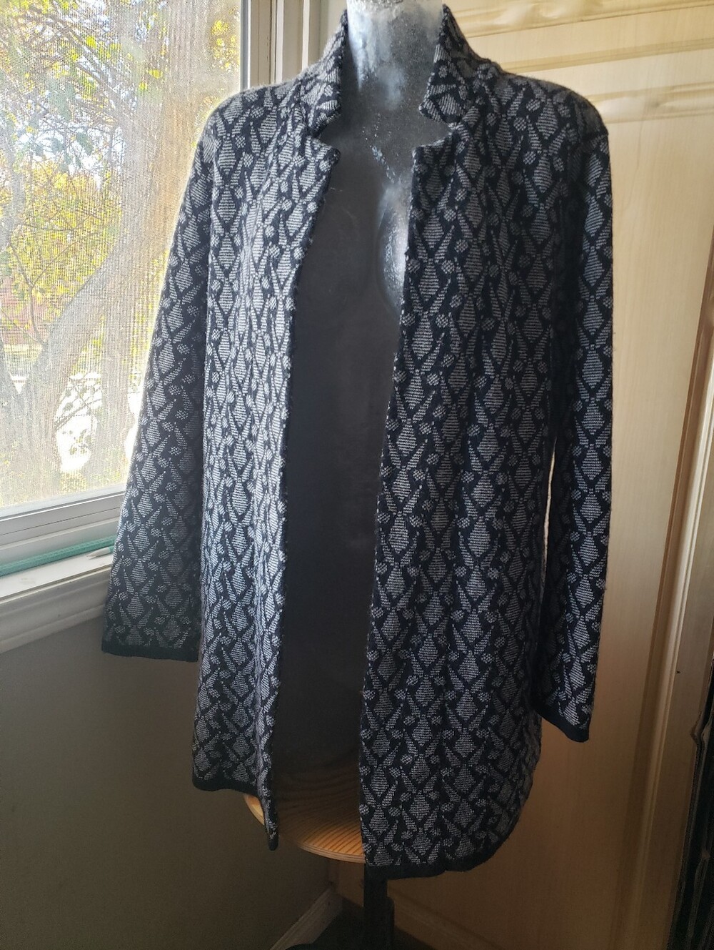Wool Blend Patterned Long Swester - Black & Gray Cardigan 2 Pockets